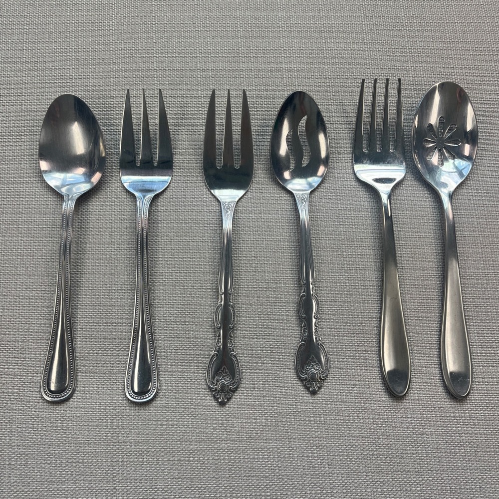 3 Sets of Serving Utensils (Spoons and Forks) Silver Stainless Steel Mixed‎ Lot